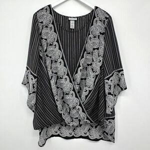 Catherines Top Shirt Blouse Size 1X Black 3/4 Flared Sleeve Faux Wrap Blouson‎